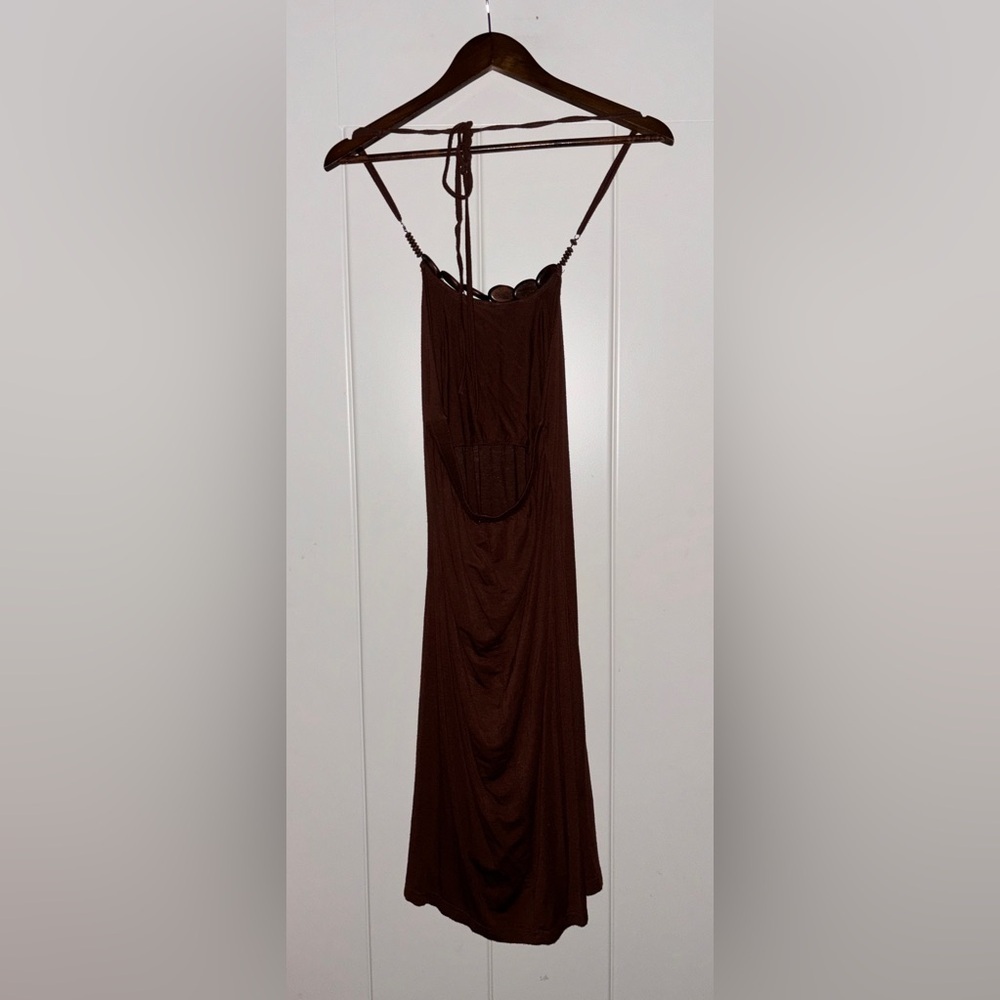 India Boutique Women Halter‎ Mini Dress L Sleeveless Brown Boho Hippie Beachy